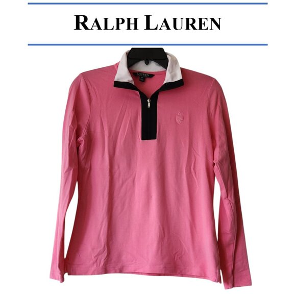 ♦️ Ralph Lauren Polo Sz PM Shirt Cotton Lightweight Zip Pink Long Sleeve Logo - Picture 1 of 13
